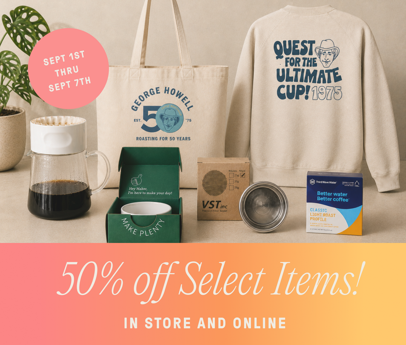 A promotional summer sale graphic with text reading 'Summer Sale' and '50% off Select Items! IN STORE AND ONLINE.' The top section shows a curated assortment of products including a tote bag, sweatshirt, coffee maker, boxes, and other small items.